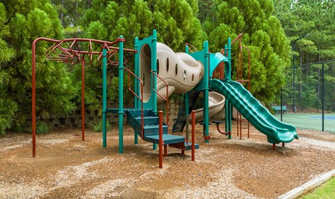 Overlook at Gwinnett Stadium Playground featuring slides. Lawrenceville, GA.