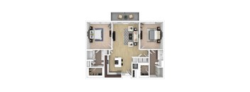 A top down view of a small apartment with a kitchen, living room, and two bedrooms.