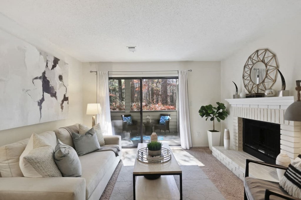 Living room with fireplace at Reserve at Peachtree Corners, Norcross, GA, 30092