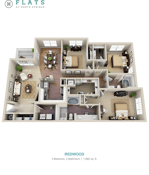 A floor plan of a 3 bedroom, 2 bathroom apartment sized at 1,882 sq ft.