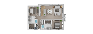 A floor plan of a house with two bedrooms, a living room, a kitchen, and a bathroom.