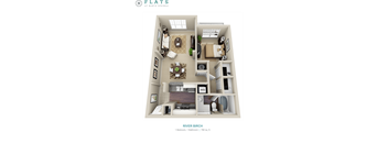 A 3D floor plan of a 780 sq ft apartment with one bedroom and one bathroom.