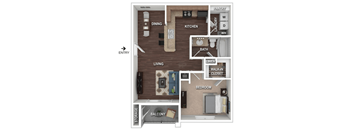 A floor plan of a small apartment with a living room, kitchen, and bathroom.