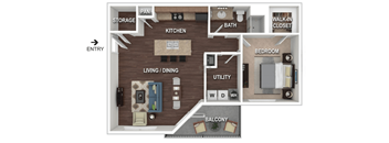 A floor plan of an apartment with a living room, kitchen, bedroom, and bathroom.