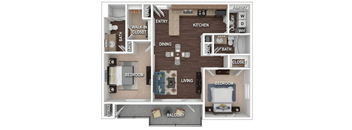 A floor plan of a small apartment with a living room, kitchen, dining room, and two bedrooms.