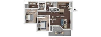 A floor plan of a house with a living room, dining room, kitchen, and three bedrooms.