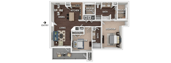 A floor plan of an apartment with two bedrooms, a living room, a kitchen, a dining room, a walk-in closet, and a balcony.