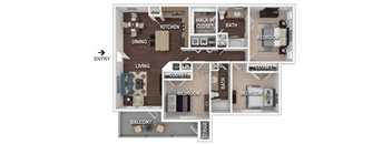 A diagram of a house layout with a living room, two bedrooms, a kitchen, a bathroom, a walk-in closet, and a balcony.
