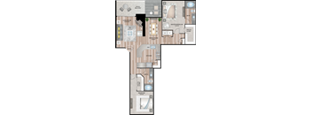 A detailed layout of a house floor plan including a living room, kitchen, and bathrooms.