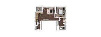 A 3D floor plan of a small apartment with a kitchen, living room, and bedroom.