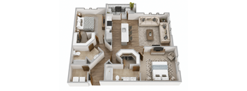 A 3D floor plan of a house with multiple rooms and furniture.