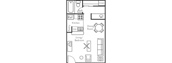A floor plan of a small apartment with a living room, dining room, kitchen, and bathroom.