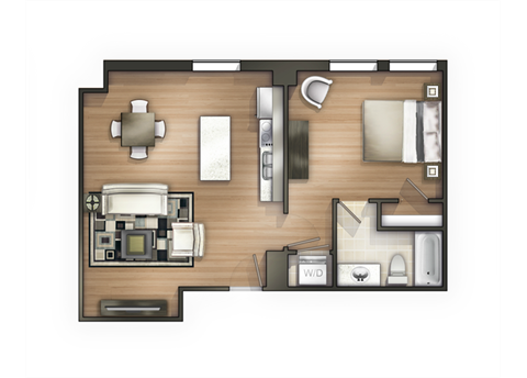 The Neo classic one bedroom floor plan at Land Bank Lofts in Columbia, SC