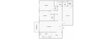 A floor plan of a home with three bedrooms, a living room, a kitchen, a dining area, a bathroom, a walk-in closet, and a patio/balcony.
