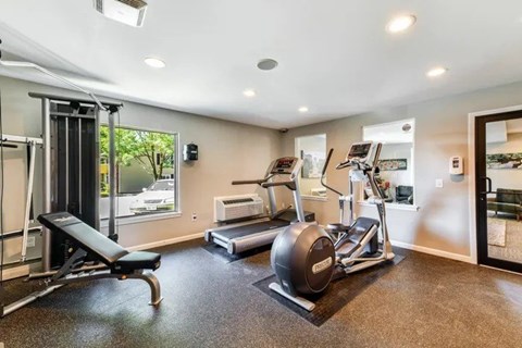 A spacious home gym with a variety of equipment including a treadmill, a bench press, and a rowing machine.