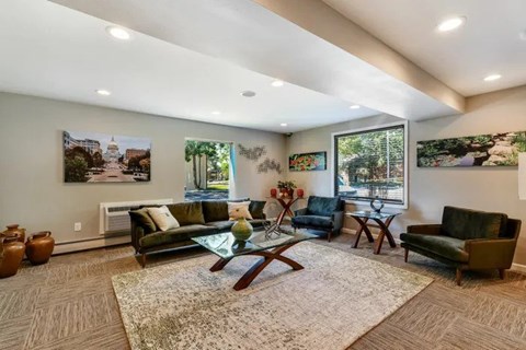 A living room with a large rug and a glass coffee table.