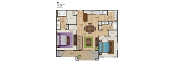 A floor plan of apartment B1 with two bedrooms, two bathrooms, and 998 square feet of living space.