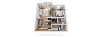 A 3D floor plan of a small apartment with a kitchen, living room, and bathroom.