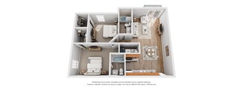 A 3D floor plan of a small apartment with a kitchen, living room, and bathroom.