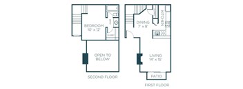 A floor plan of a two-story home with a bedroom, living room, and patio.