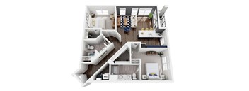 A top down view of a small apartment with a bedroom, living room, and kitchen.