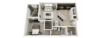 A top-down view of a small apartment with a kitchen, living room, and bathroom.