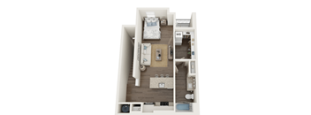 A top-down view of a small apartment with a bedroom, living room, and kitchen.