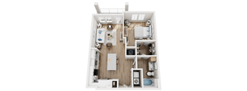 A top-down view of a small apartment with a kitchen, living room, and bedroom.