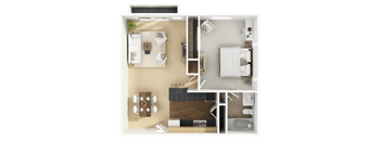A top-down view of a small apartment with a living room, kitchen, and bathroom.