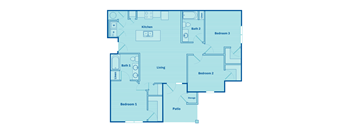 A blueprint of a house layout with labeled rooms.