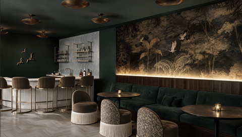 A restaurant interior with a green sofa, wooden tables, and a wall mural.