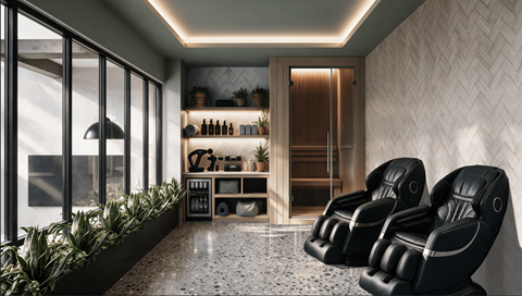 A modern living room with black leather chairs and a marble floor.