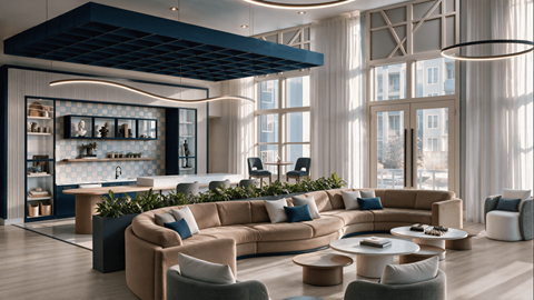 A modern living room with a large sectional sofa and a coffee table.