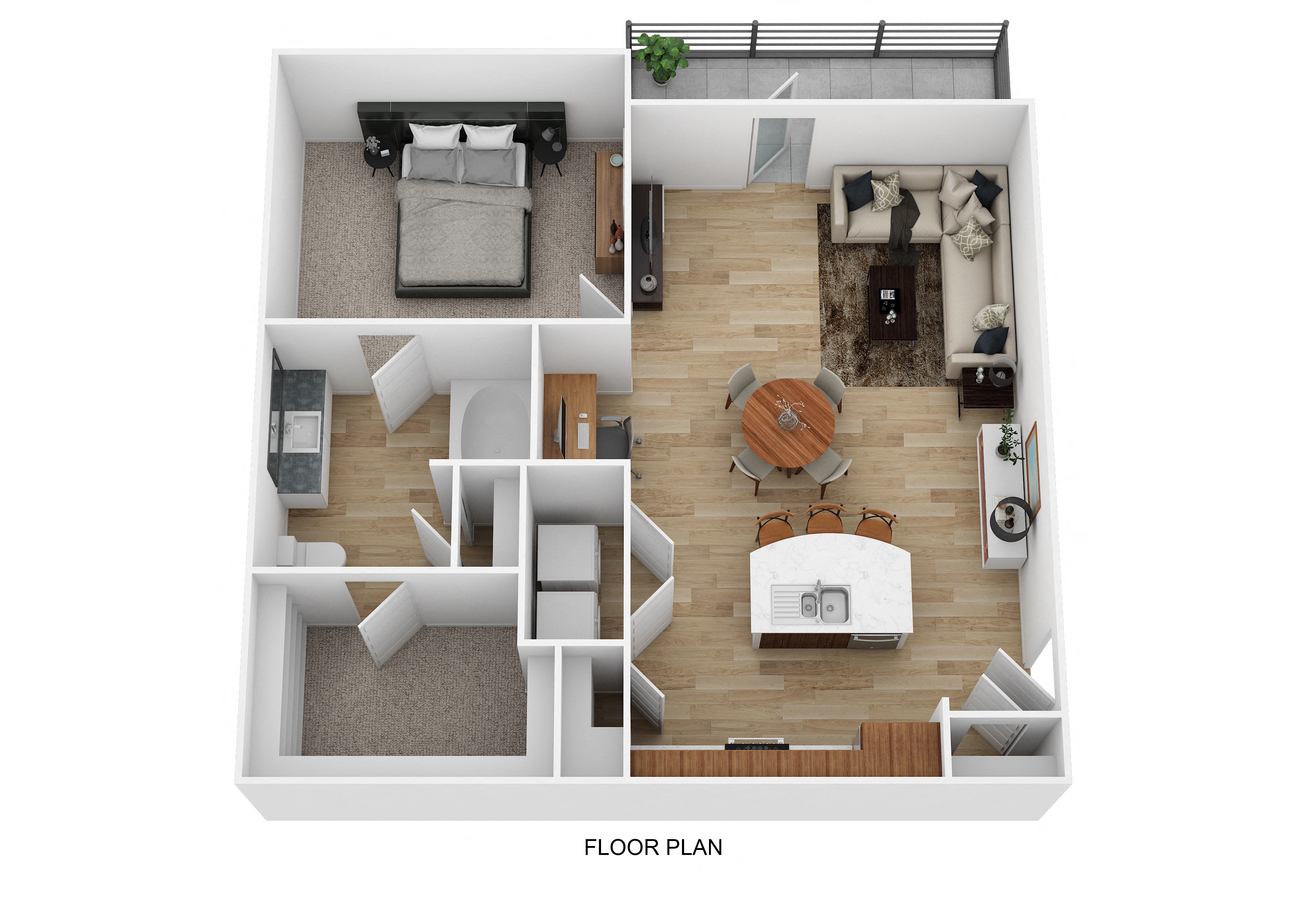 a stylized floor plan with a dining room and a living room
