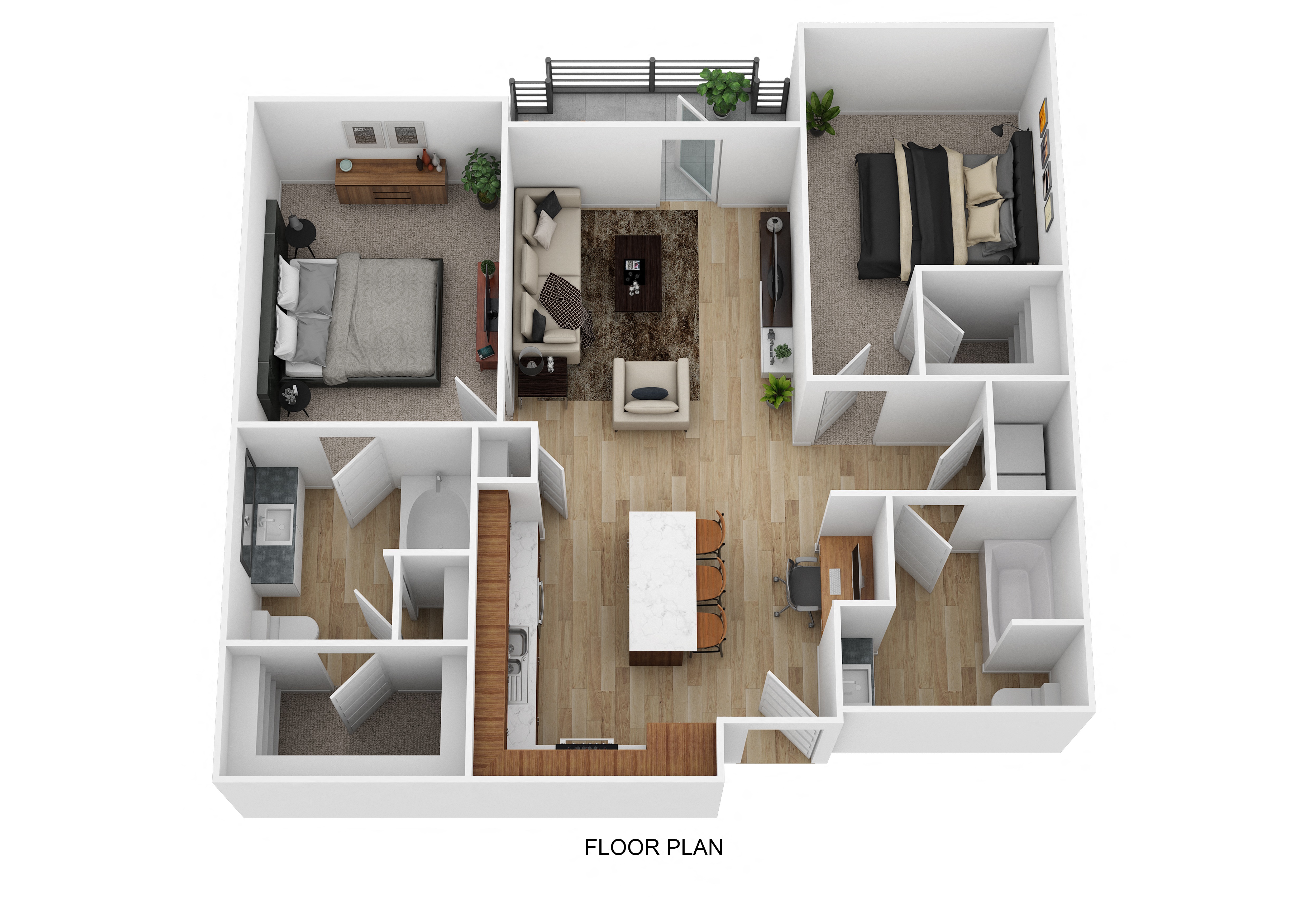 A floor plan of a house with a living room, kitchen, dining room, and two bedrooms.