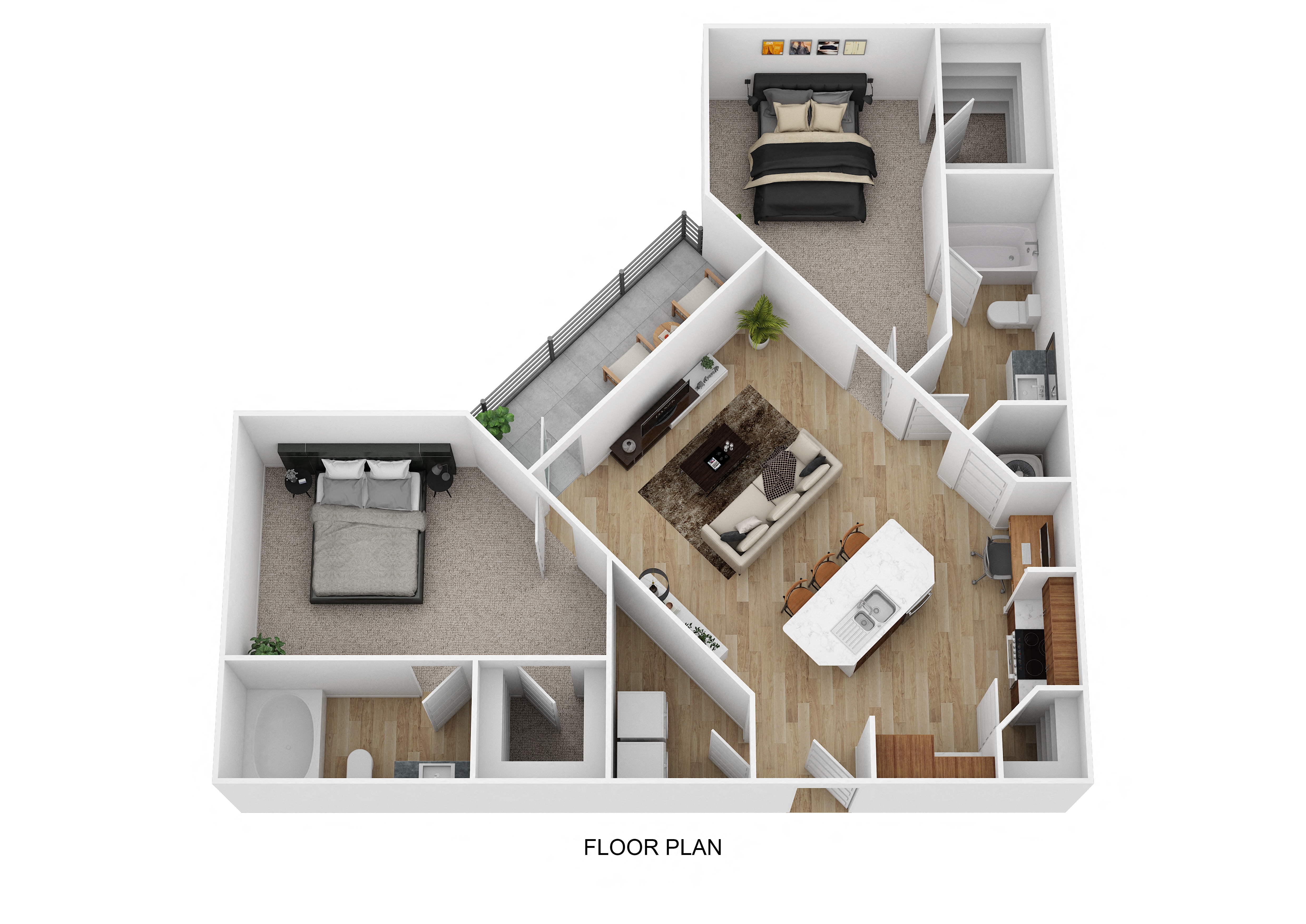 a stylized floor plan with a bedroom and a living room