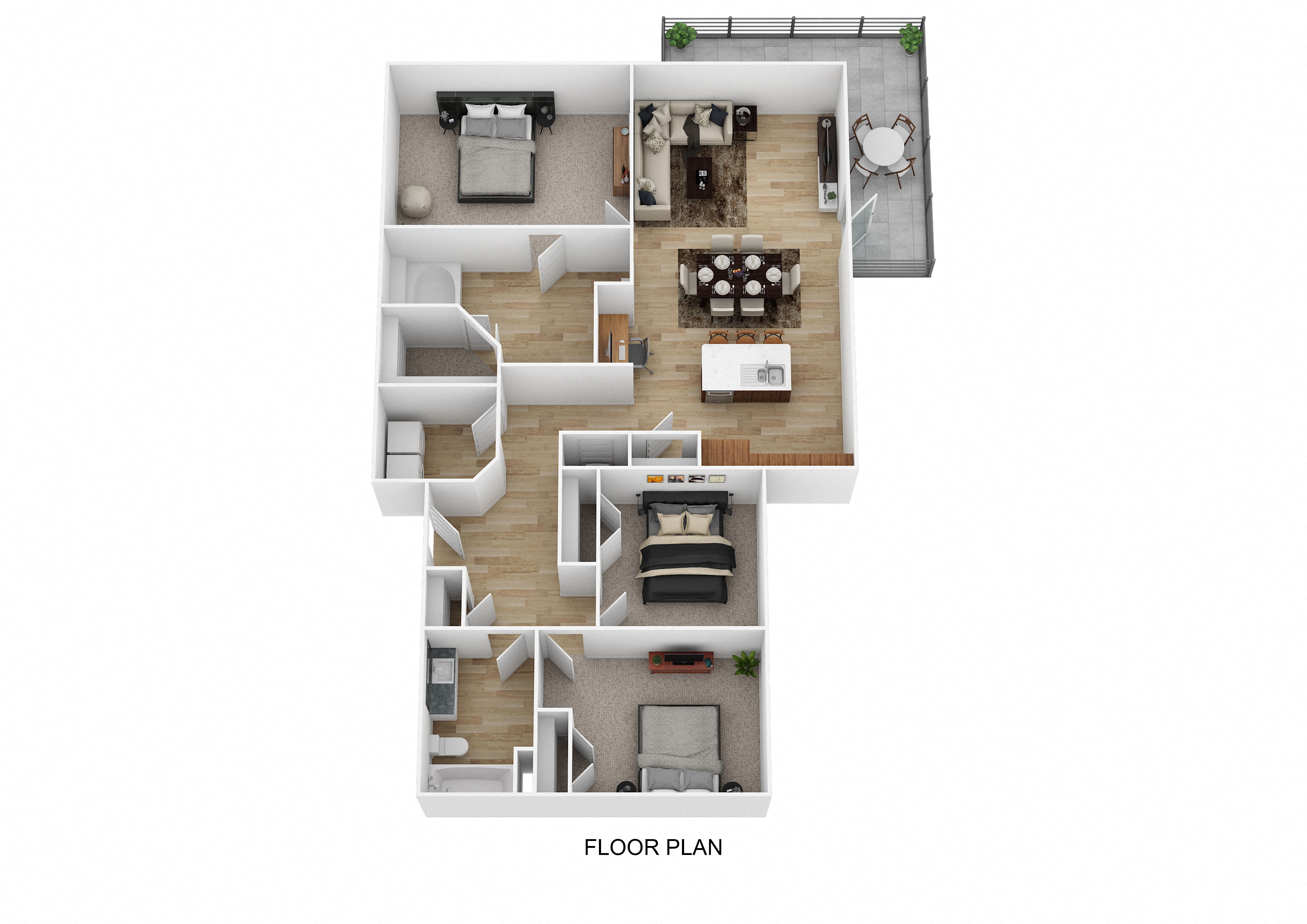 A floor plan of a house with a kitchen, living room, dining room, and bedrooms.