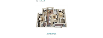 A floor plan of a 2 bedroom, 2 bathroom apartment sized 1,385 sq. ft.