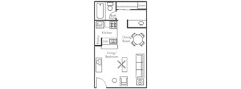 A floor plan of a small apartment with a living room, dining room, kitchen, and bathroom.