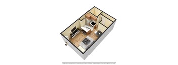 A 3D rendering of a small apartment with a kitchen, living room, and bathroom.