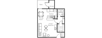 A floor plan of a house with a patio, storage, kitchen, dining room, living/bedroom, and walk-in closet.