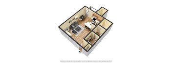 A 3D rendering of a modern apartment layout.
