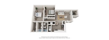 A 3D floor plan of a house with a kitchen, living room, and two bedrooms.