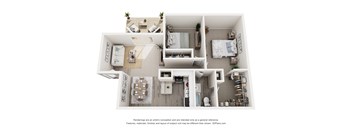 A 3D floor plan of a small apartment with a kitchen, living room, and bathroom.