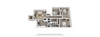 A white 3D floor plan of a house with multiple rooms.