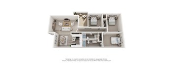A 3D floor plan of a house with a kitchen, living room, and three bedrooms.