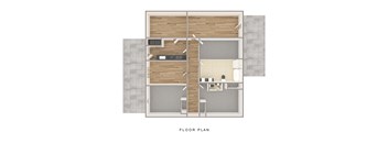 A floor plan of a house with a kitchen, living room, and two bedrooms.