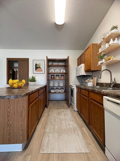 A kitchen with wooden cabinets and a countertop with a bowl of lemons on it.