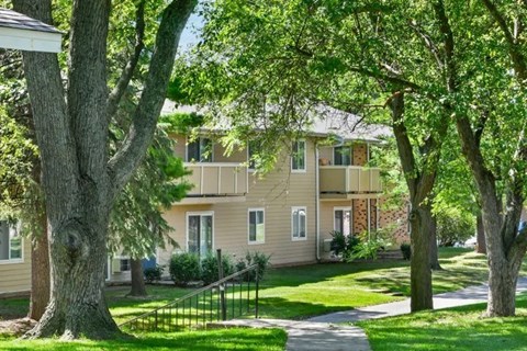 A tree in front of a two-story building.