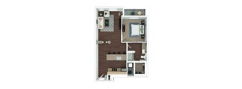 A small apartment with a kitchen, living room, and bedroom.